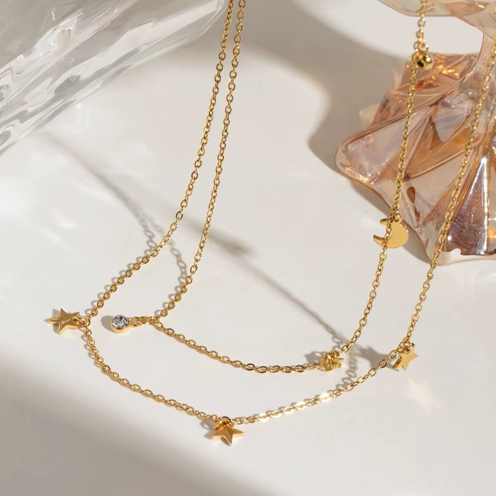 18K Gold Plated Stainless Steel Star and Moon Necklace